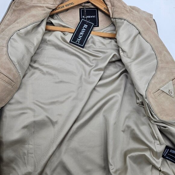 New BlankNYC Win or Lose Suede Trucker Jacket Mens M Tan Leather Zip Front - Picture 10 of 11